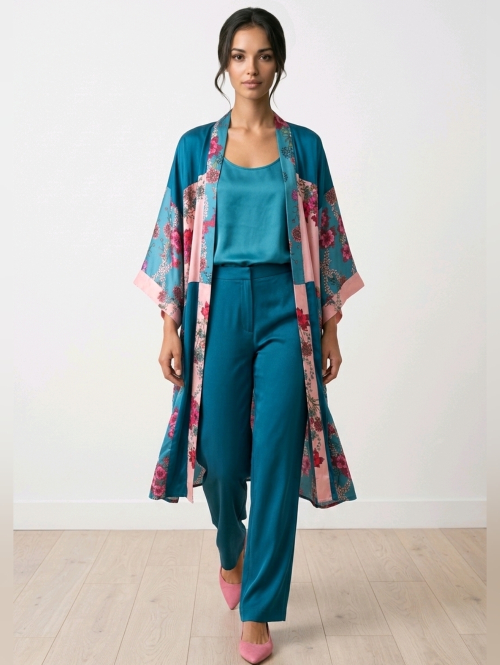 SANDRO Paris Silk Patchwork Floral Kimono Robe Jacket Teal & Pink One size. (BX3